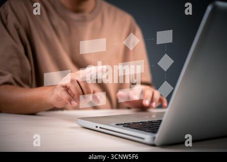 Person, die an einem Laptop mit digitaler Flussdiagrammgrafik arbeitet und sich auf die Erstellung eines Geschäftsprozessmodells konzentriert. Innovative Technik und virtuelles Arbeitskonzept Stockfoto