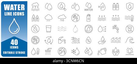 Die Symbolgruppe Wasserlinie enthält 40 bearbeitbare Symbole für dünne Linien, einschließlich Tropfen, Wellen, Gewindebohrungen und H2O-Elemente. Perfekt Für Apps, Infografiken, Web Stock Vektor