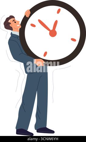 Müder Geschäftsmann, der eine große Uhr hält. Überarbeiteter männlicher Arbeitsstress. Zeitschaltuhr. Große Uhr. Stundenzähler. Schwerer Zeitmesser. Geschäftiger Geschäftsmann. Stock Vektor