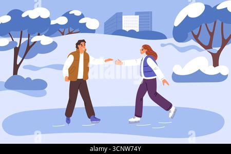 Mann und Frau laufen auf der Eisbahn. Verliebte Paare verbringen Zeit im Winter-Stadtpark. Menschen, die gemeinsam im Freien laufen. Freizeit in der kalten Jahreszeit. Romanti Stock Vektor