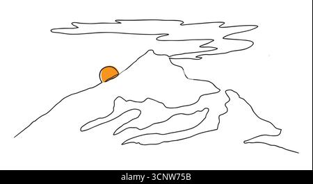 Mountain Line Art mit Sonnenuntergang und Wolken Stock Vektor