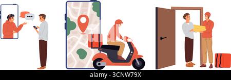 Essenszustellung von der Abholung der Bestellung bis zur Zustellung durch den Kurierdienst an die Tür Ihres Hauses. Smartphone-Anwendung mit Kartenroute. Lieferer, der Produkte transportiert Stock Vektor