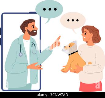 Männlicher Tierarzt auf dem Smartphone-Bildschirm rät Frau, die einen Hund hält. Online-Behandlung mit Haustieren. Mobile ärztliche Veterinärberatung. Tierarzt und Welpe o Stock Vektor