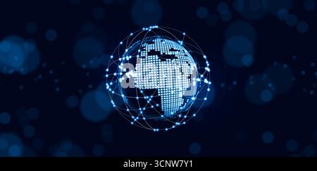Futuristischer digitaler Globus mit Pixelrasterdesign und verbundenen Linien, symbolisiert Internet, Vernetzung, Technologie, weltweites Geschäft, Informationen, an Stockfoto