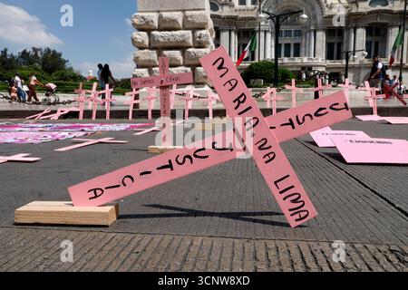 Mexiko-Stadt, Mexiko. September 2025. Rosafarbene Kreuze wurden vor dem Palacio de Bellas Artes platziert, um Gerechtigkeit für Frauen zu fordern, die Opfer von Femizid in Mexiko waren. Am 21. September 2025 in Mexiko-Stadt. (Foto: Luis Barron/Eyepix Group) Credit: Eyepix Group/Alamy Live News Stockfoto