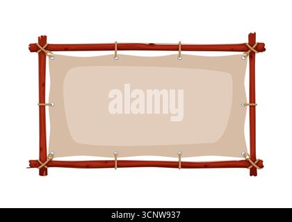 Leeres, gestrecktes Leinwandbanner, das mit einem Seil an einem rustikalen Holzrahmen gebunden ist. Vektor Karibik Piraten oder Korsair ui Icon für Überlebensspiele oder Dschungelabenteuer. Vorlage für Zeichentrickschilder, Tafeln oder Poster Stock Vektor