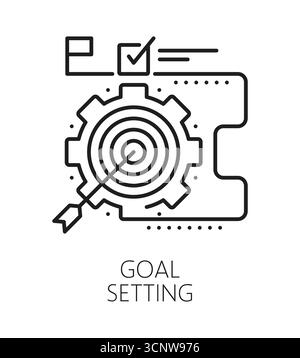 Symbol oder Zeichen für Zielsetzung Life Skills. People Goal Setzen Fähigkeit umreißen Vektorsymbol, menschliche Lebensfähigkeiten dünne Linie Piktogramm. Persönliches Potenzialzeichen oder Symbol mit Pfeil im Zielbullseye Stock Vektor