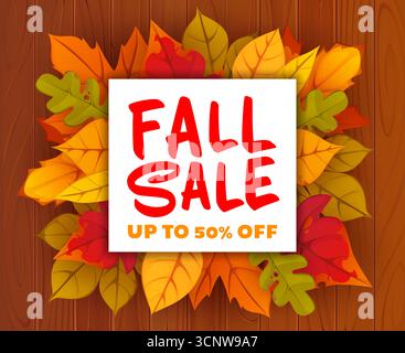 Herbst Herbst Saison Verkauf Banner mit roten, orange und gelben Blättern Vektorrahmen auf hölzernem Hintergrund. Gemütliches Poster mit Herbststimmung zum Thanksgiving Day-Angebot, Social Media-Webbanner Stock Vektor