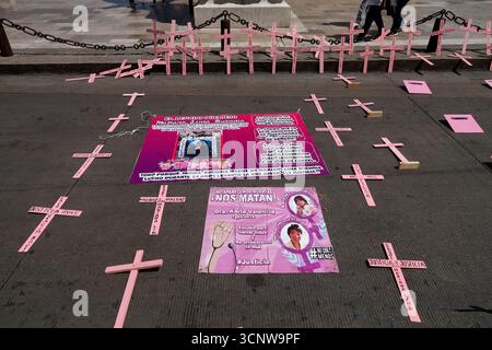 Mexiko-Stadt, Mexiko. September 2025. Rosafarbene Kreuze wurden vor dem Palacio de Bellas Artes platziert, um Gerechtigkeit für Frauen zu fordern, die Opfer von Femizid in Mexiko waren. Am 21. September 2025 in Mexiko-Stadt. (Foto: Luis Barron/Eyepix Group/SIPA USA) Credit: SIPA USA/Alamy Live News Stockfoto