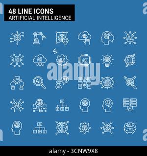 Künstliche Intelligenz Set von Websymbolen im Linienstil. KI-Technologiesymbole für Web- und mobile App. Maschinelles Lernen, digitale KI-Technologie, Algorithmus Stock Vektor