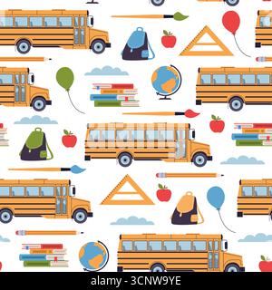 Nahtloses Muster des gelben Busses. Zurück zur Schule, Transport von Schülern, Bildung, Lernen und Wissen für Kinder. Textil, Geschenkpapier, Tapete Stock Vektor