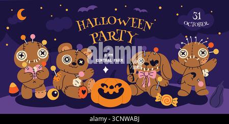 Gruseliges Partyposter. Einladung zu Halloween-Events, gruselige Voodoo-Puppen, Lumpenmonster, genähte Flickenteile, horizontales Bannerdesign, Cartoon Stock Vektor