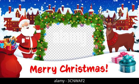 Weihnachtsfotorahmen, frohe Feiertags-Vektorvorlage mit Cartoon Santa Claus, Rentier, Geschenke und Weihnachtsbaumzweige, Schnee und Lichter. Weihnachtsfiguren im Hintergrund des Bilderrahmens in der Weihnachtsstadt Stock Vektor