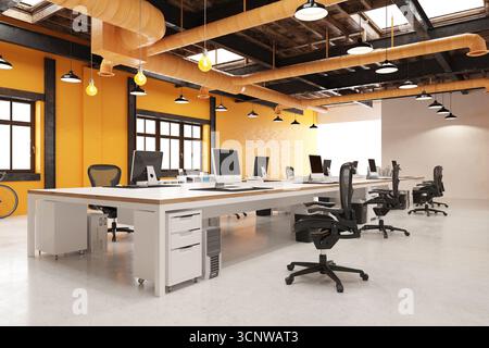 Büro: Schreibtische mit Computerstühlen. Träger Stahl orange Kanäle. Ziegelwand. Hängeleuchten mit Fenstern. Betonboden. Co-Working Space. 3D-Photoreale Stockfoto
