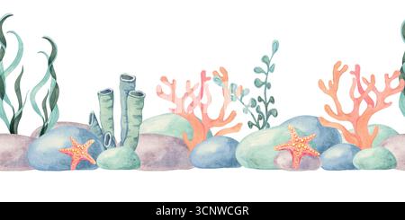 Orangene Korallen, Seesterne und grüne Algen wachsen um blaue Steine in dieser Aquarellillustration, handgezeichnet nahtlose Meeresgrenze. Geeignet für Stoffdrucke, Geschenkpapier, Karten und Etiketten. Stockfoto