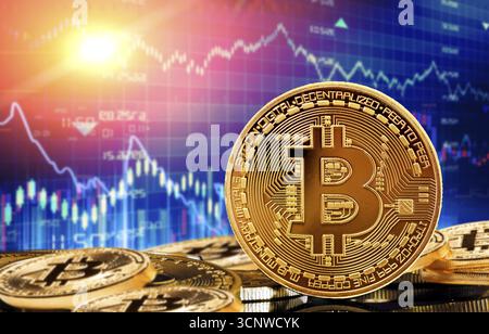 Investoren in Kryptowährungen und Blockchain-Technologie in Marktdiagrammen, Konzept. Bitcoin auf den Finanzmarktcharts im Hintergrund Stockfoto