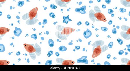 Nahtloses Goldfish-Wasserblasenmuster. Nahtloses Goldfischmuster im flachen Cartoon-Stil. Bunte Fische, Blasen und Seesterne wiederholen sich auf weißem Hintergrund Stock Vektor