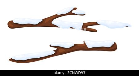Set aus zwei Ästen, bedeckt mit einer Schicht frischen weißen Schnees, isoliert auf weißem Hintergrund. Ideal für Winter- und Weihnachtskarten, festliche Poster, Stock Vektor