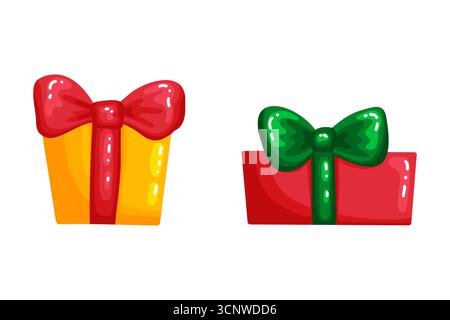 Set aus zwei hellen Weihnachtsgeschenkboxen, eine goldene mit einer roten Schleife, die andere rot mit einer grünen Schleife, isoliert auf weißem Hintergrund. Perfekt für Weihnachtswagen Stock Vektor