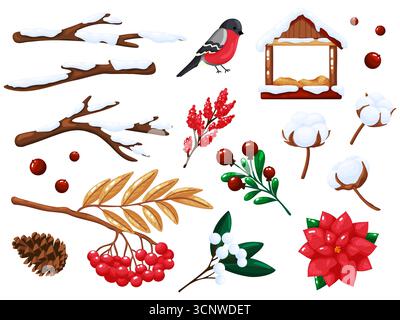 Festliche Winterwaldsammlung mit Stierkinken, Vogelfutterhäuschen, schneebedeckten Zweigen, Weihnachtsstern und anderen Pflanzen. Perfektes isoliertes Elem Stock Vektor