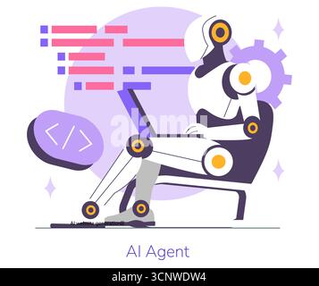 KI-Robotercodierung auf einem Laptop, die veranschaulicht, wie künstliche Intelligenz in der Webentwicklung eingesetzt wird. Mit einem High-Tech-Design und digitalen Elementen zur Verbesserung der Innovation. Stock Vektor