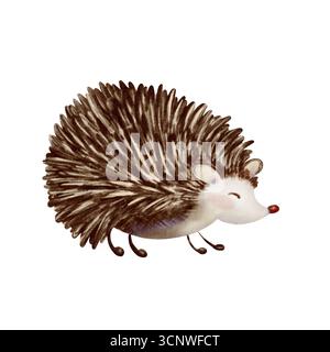 Entzückender Igel auf allen Vieren - eine skurrile handgezeichnete Illustration, die Aquarelltexturen und farbige Bleistiftdetails in verspieltem Cartoon-Stil kombiniert Stockfoto
