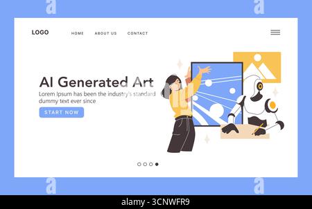 Vektor-Illustration einer Frau, die KI-generierte Kunst neben einem Roboter demonstriert. Das Webseitendesign spiegelt den Einfluss der Technologie auf die Kreativität wider und hebt künstliche Intelligenz und künstlerische Zusammenarbeit hervor. Stock Vektor