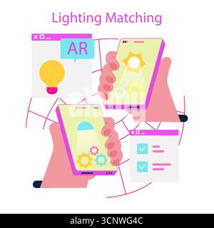 Augmented-Reality-Vektor-Illustration von zwei Händen, die Smartphones für die Beleuchtungsanpassung halten. Das Bild zeigt die Verwendung der AR-Technologie zur effektiven Anpassung der Lichteinstellungen. Stock Vektor