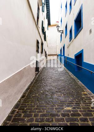 Eine malerische, enge Kopfsteinpflasterstraße, gesäumt von traditionellen Gebäuden im Baskenland, Spanien, mit charmanter Architektur und einladender Atmosphäre Stockfoto