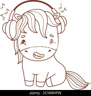Beschreibung des Happy Cartoon Horse in Kopfhörern. Niedliches, Entzückendes Kleines Pony Kawaii Tier. Linienzeichnung, Malbuch. Vektorabbildung. Kinderkollektion. Stock Vektor