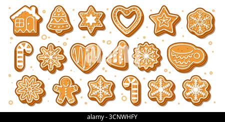 Weihnachtskuchenkekse Set. Weihnachtliche Lebkuchenkekse im Cartoon Flat Stil isoliert. Stock Vektor