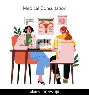 Arzt und Patient in einer ärztlichen Beratung, über gesundheitliche Bedenken diskutieren. Vektor-Illustration, die eine professionelle Gesundheitsumgebung mit pädagogischen Postern und Dokumenten darstellt. Stock Vektor