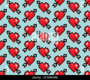 Nahtloser Pixelhintergrund mit Herz und Pfeil. Stock Vektor
