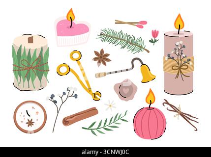 Set aus dekorativen Wachsbrennkerzen in verschiedenen Größen und Formen, Zubehör für Kerzen, getrocknete Blumen und Früchte für Aromatherapie und Entspannung. Stockfoto