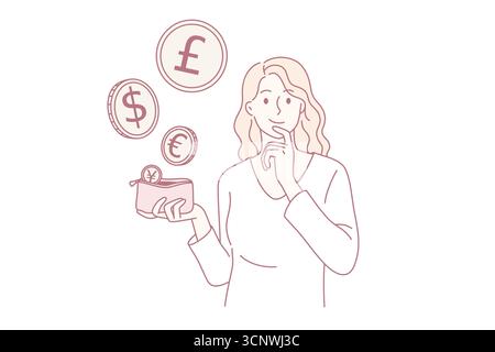 Verschiedene Währungs- und Geldkonzepte. Junge lächelnde Frau Zeichentrickfigur stehend hält rote Geldbörse mit fliegenden verschiedenen Münzen Vektor-Illustration Stock Vektor