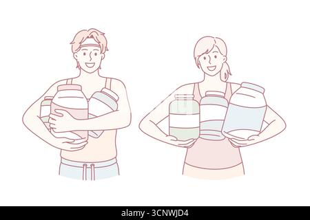 Nahrungsergänzungsmittel und Sportkonzept. Junges lächelndes Paar in Sportswear stehend hält Gläser mit Vitaminen ein Nahrungsergänzungsmittel Vektor-Illustration Stock Vektor