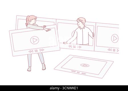 Menschen bearbeiten Videodatei zusammen. Team von Redakteuren, die Filme mit riesigen Aufnahmen erstellen. Teamarbeit und Filmemachen. Vektorgrafik. Stock Vektor
