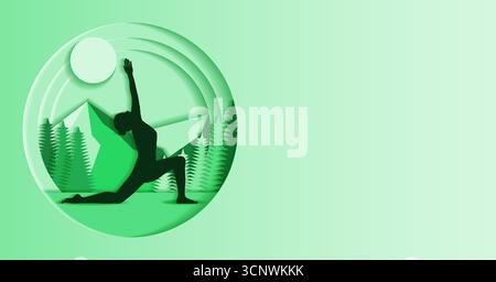 Horizontale Vorlage. Anjaneyasana Yoga Pose. Halbmond Ausfallschritt auf dem Knie mit Blickposition nach oben. Papierschnitt. Isolierte Vektordarstellung. Stock Vektor