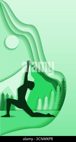 Vertikale Vorlage. Anjaneyasana Yoga Pose. Halbmond Ausfallschritt auf dem Knie mit Blickposition nach oben. Papierschnitt. Isolierte Vektordarstellung Stock Vektor