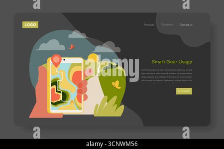 Vektorillustration mit Händen, die ein Smartphone halten und eine Karte zur Navigation anzeigen. Das Design zeichnet sich durch leuchtende Farben und abstrakte Elemente aus, die Technologie und Innovation betonen. Stock Vektor