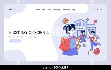 Vektor-Illustration, die die Schüler am ersten Schultag freudig ankommen. Lächelnde Ausdrucksformen, Rucksäcke und herbstliche Blätter unterstreichen dieses lehrreiche Thema. Stock Vektor
