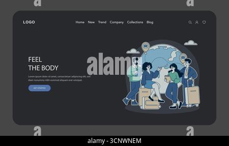 Vektor-Illustration von verschiedenen Personen mit Gepäck und Karten vor einem Globus, symbolisiert globale Reisen und Entdeckungen. Perfekt für Websites oder Werbeaktionen im Zusammenhang mit Reisen. Stock Vektor