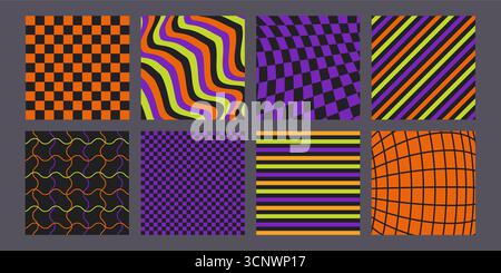 Halloween Y2K Muster Set mit Karomuster und groovigen Retro-Hintergrundeffekten für gruselige Ästhetik. Orangefarbene und violette geometrische Quadrate, Wellen, Streifen und verzerrtes Raster für festliche Oktoberdekoration Stock Vektor
