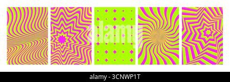 Kollektion mit hypnotisierenden Retro-Mustern in Farben mit psychedelischen Designs – neonrosa und lindgrüne Wirbel, Starburst-Strahlen, wellige Linien für Poster oder Hintergründe. Lebendiges, grooviges Vintage-Artwork-Set. Stock Vektor