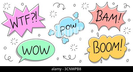 Bunte Comic-Blasen mit Boom and Pow, wtf, Bam und Wow in Pastellfarben. Soundeffekte mit Schatten, Glitzern und Bewegungslinien für Actionszenen oder Retro-Pop-Art-Designs. Stock Vektor