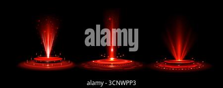 AI-Portal-Hologramm mit roten Lichtstrahlen und runden Podiumplattformen auf schwarzem BG für futuristische Darstellung. Glühende Energiesäulen mit funkelnden Partikeln und Strahlungsbasen zur Teleportation. Stock Vektor