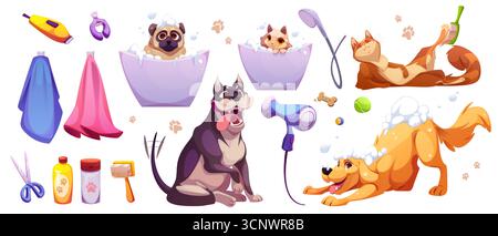 Pflege von Cartoon-Haustieren mit Badeausrüstung und Salonzubehör für den Animal Spa-Service. Hunde und Katzen mit gebürsteten Handtüchern, Schere, Shampooflaschen und Haartrockner. Verspielte Hygiene-Kollektion. Stock Vektor