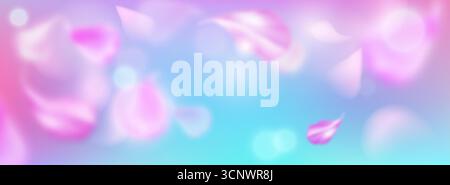 Frühlingssakura-Blüten mit weichem Bokeh-Effekt und traumhaftem rosafarbenem Hintergrund für saisonales Design. Verschwommene Kirschblütenelemente, die auf hellblauem BG schweben. Romantische Grußkarte mit Blumenmuster. Stock Vektor