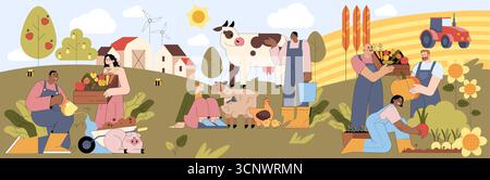 Illustrative Szene landwirtschaftlicher Tätigkeiten in einer ländlichen Landschaft. Menschen interagieren mit Nutztieren, ernten Gemüse und kultivieren Land, um das landwirtschaftliche Leben zu zeigen. Helle und ansprechende Vektordarstellung. Stock Vektor