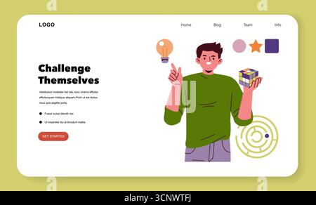 Vektorillustration einer Person, die einen Puzzleswürfel und eine Glühbirne hält. Die Person wirkt nachdenklich und engagiert in der Problemlösung vor einem minimalistischen kreativen Hintergrund. Stock Vektor